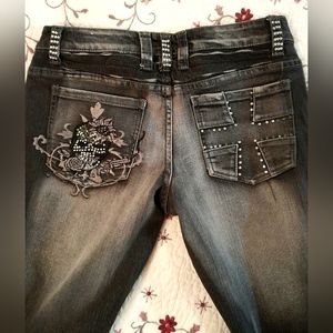 Rhinestone Skull and Iron Cross Embellished Black Bootcut Jeans
